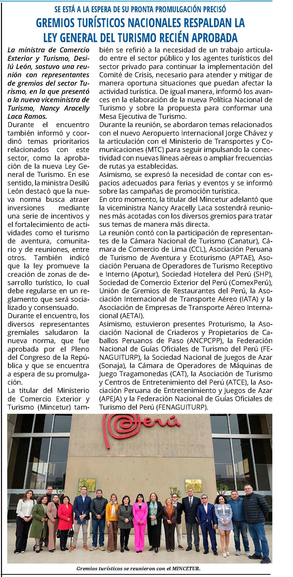 GREMIOS TURÍSTICOS RESPALDAN LA LEY GENERAL DEL TURISMO RECIÉN APROBADA