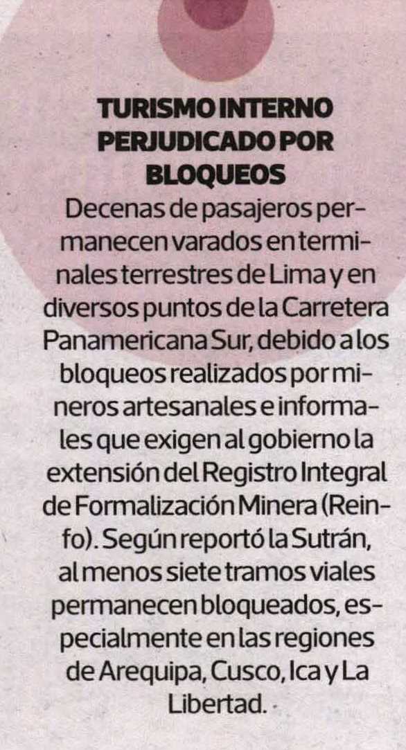BLOQUEOS DE VÍAS POR MINEROS EN EL SUR PROVOCARON 80% DE CANCELACIONES DE RESERVAS TURÍSTICAS Y PÉRDIDAS MILLONARIAS