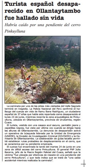 HALLAN CADÁVER DE TURISTA REPORTADO COMO DESAPARECIDO EN OLLANTAYTAMBO