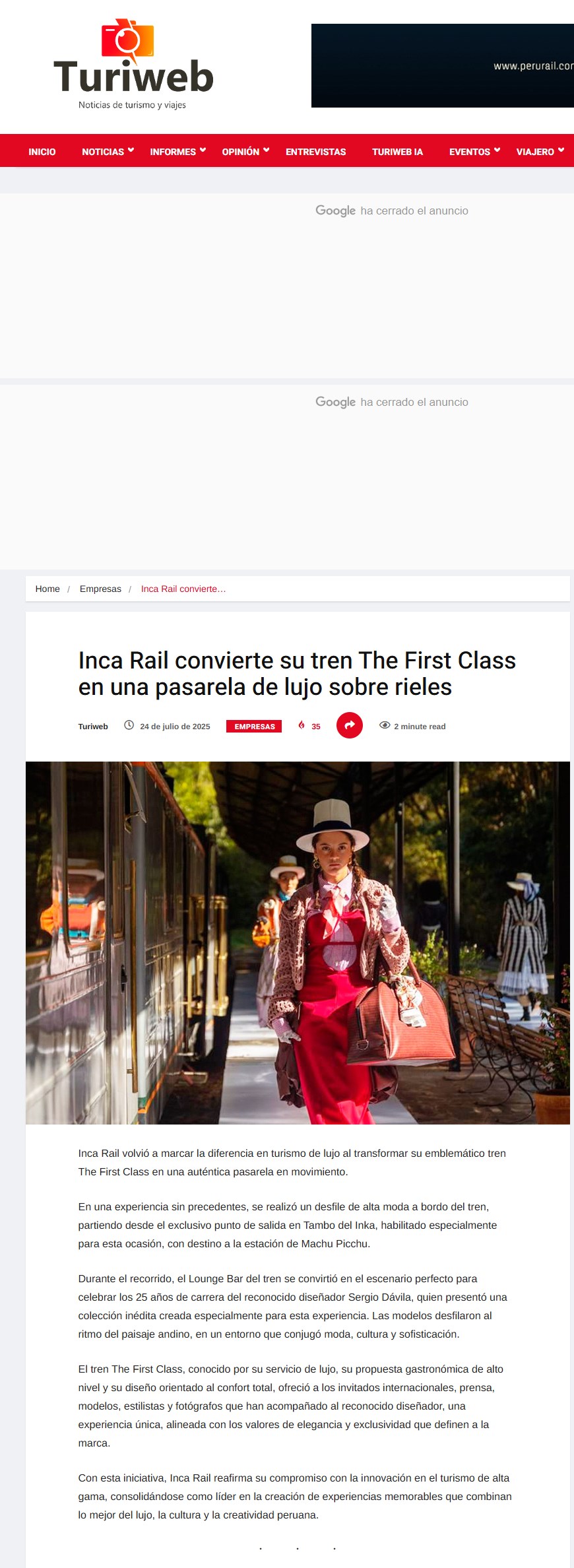 INCA RAIL CONVIERTE SU TREN THE FIRST CLASS EN UNA PASARELA DE LUJO SOBRE RIELES