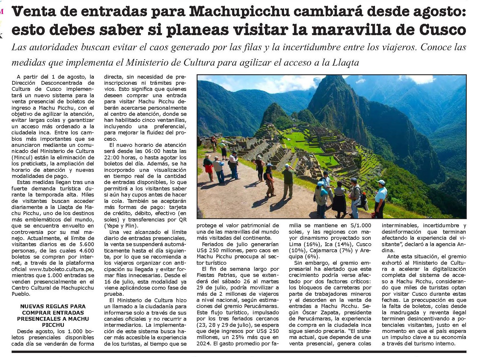 SE INICIÓ EL NUEVO SISTEMA DE VENTA DE ENTRADAS PARA MACHUPICCHU
