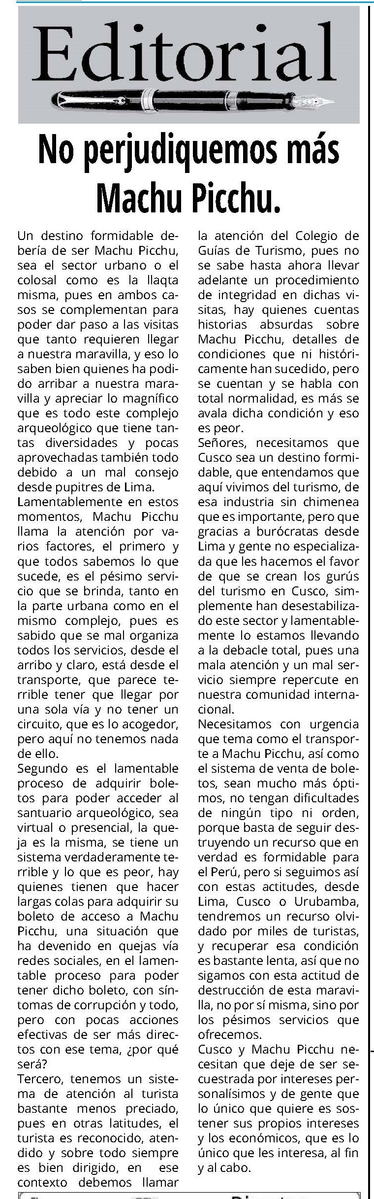 SOBRE LA VENTA DE ENTRADAS A MACHU PICCHU