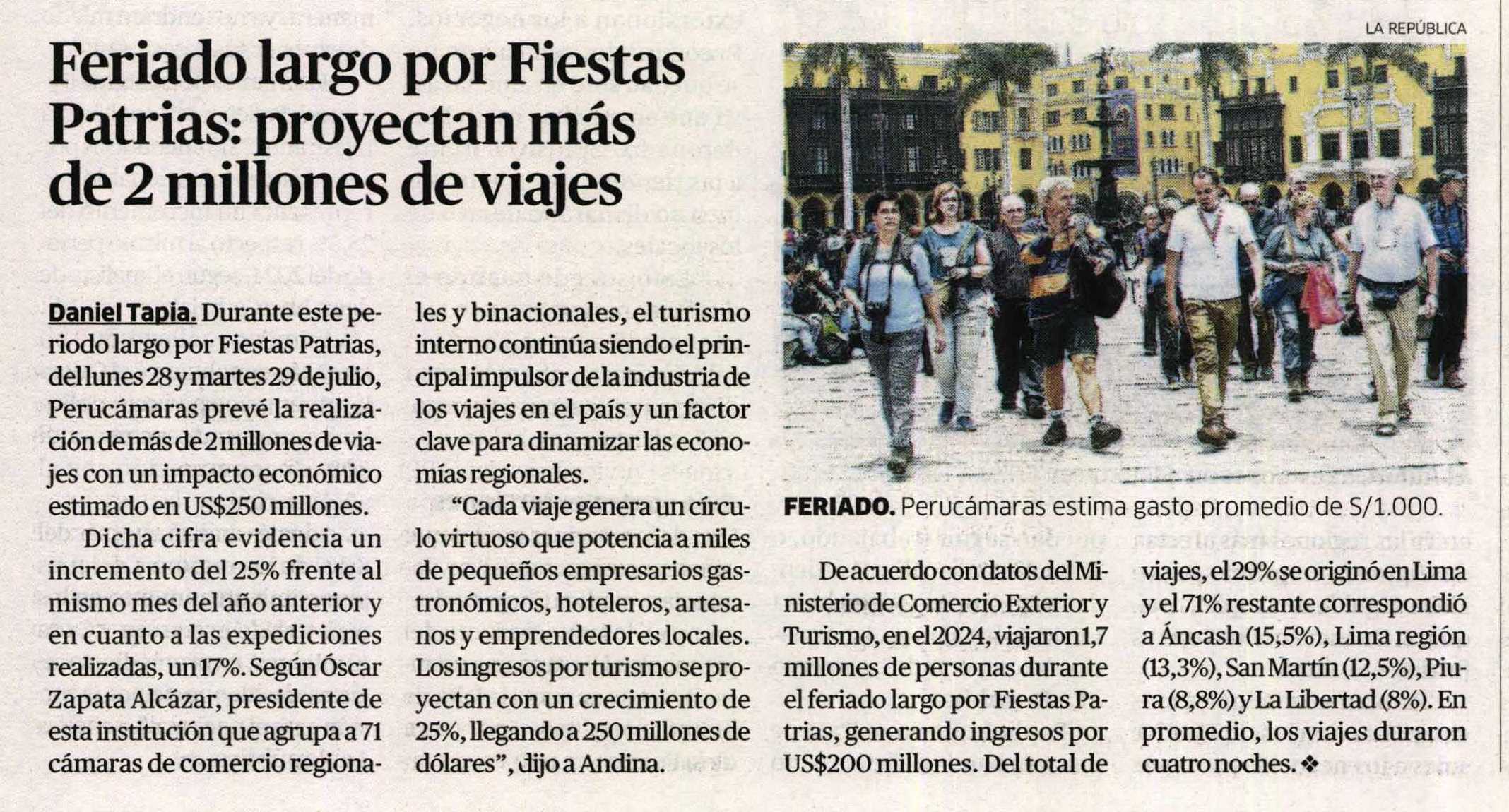 VIAJES POR FIESTAS PATRIAS GENERARÁN UN IMPACTO ECONÓMICO DE CERCA DE USD 216 MILLONES