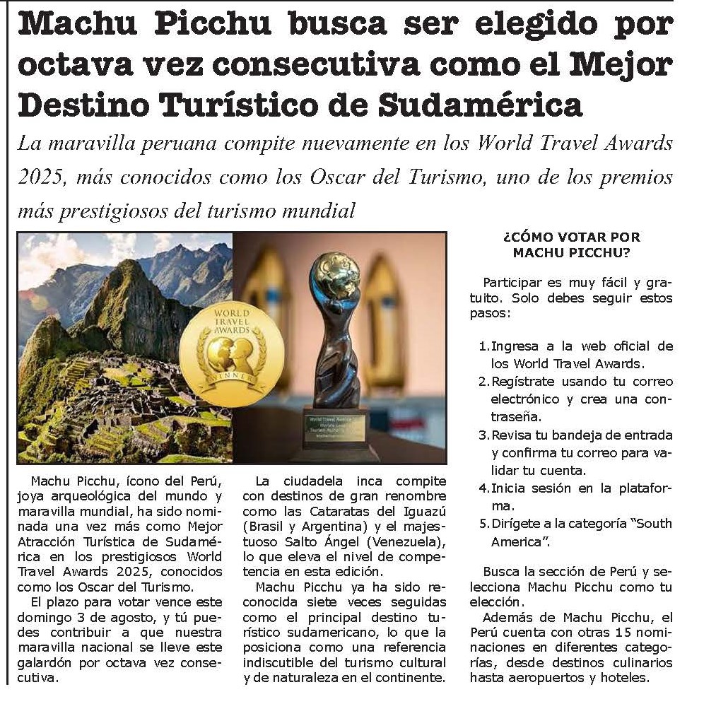 MACHU PICCHU BUSCA SER ELEGIDO POR OCTAVA VEZ CONSECUTIVA COMO EL MEJOR DESTINO TURÍSTICO DE SUDAMÉRICA