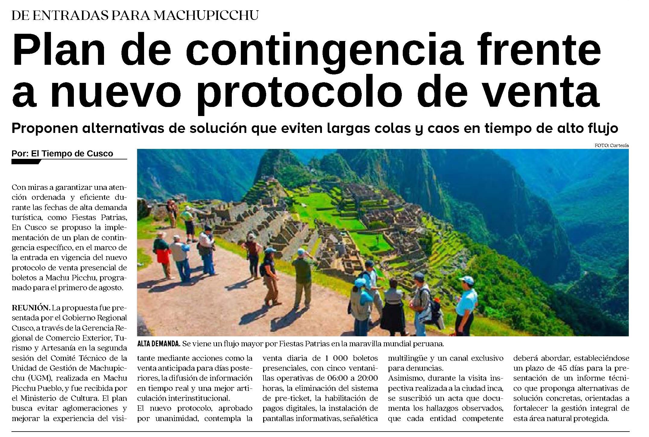 PLAN DE CONTINGENCIA PARA FIESTAS PATRIAS EN MACHU PICCHU