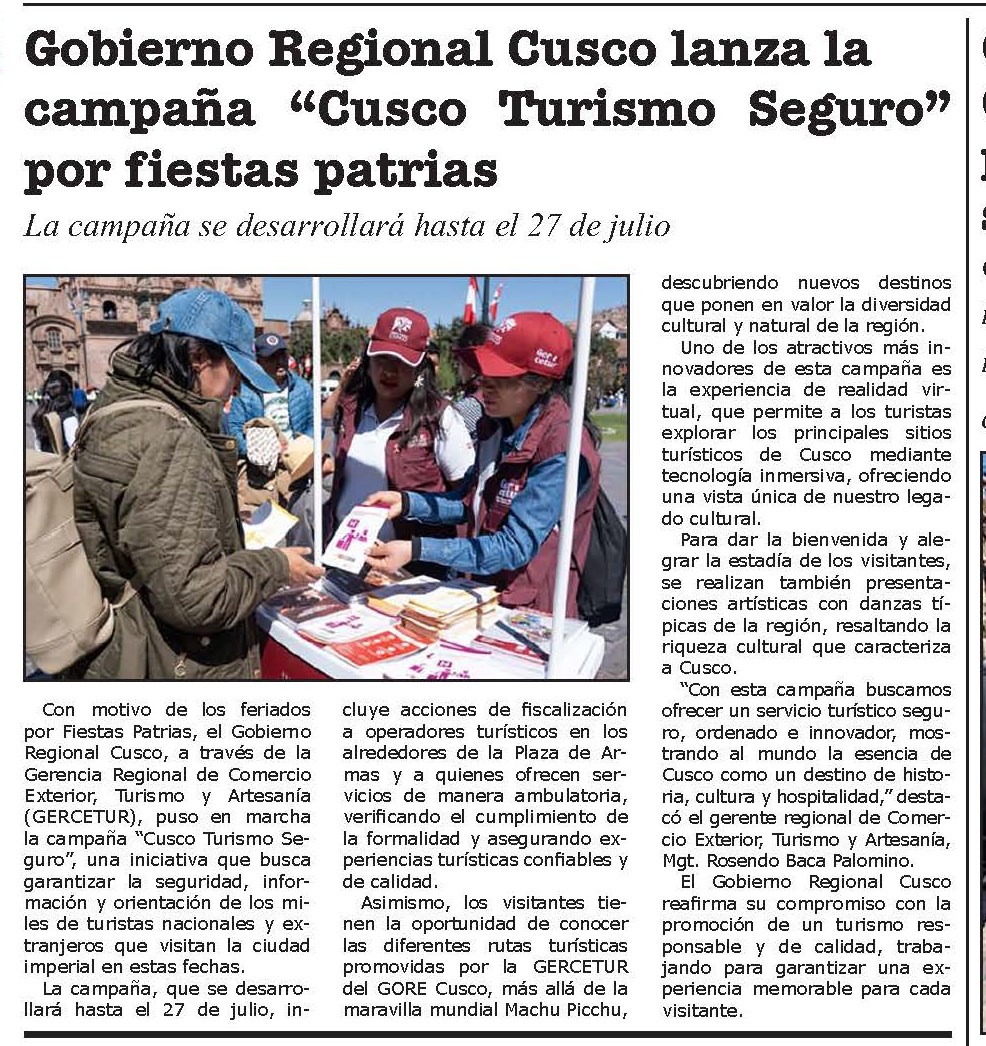 CAMPAÑA “CUSCO TURISMO SEGURO” POR FIESTAS PATRIAS
