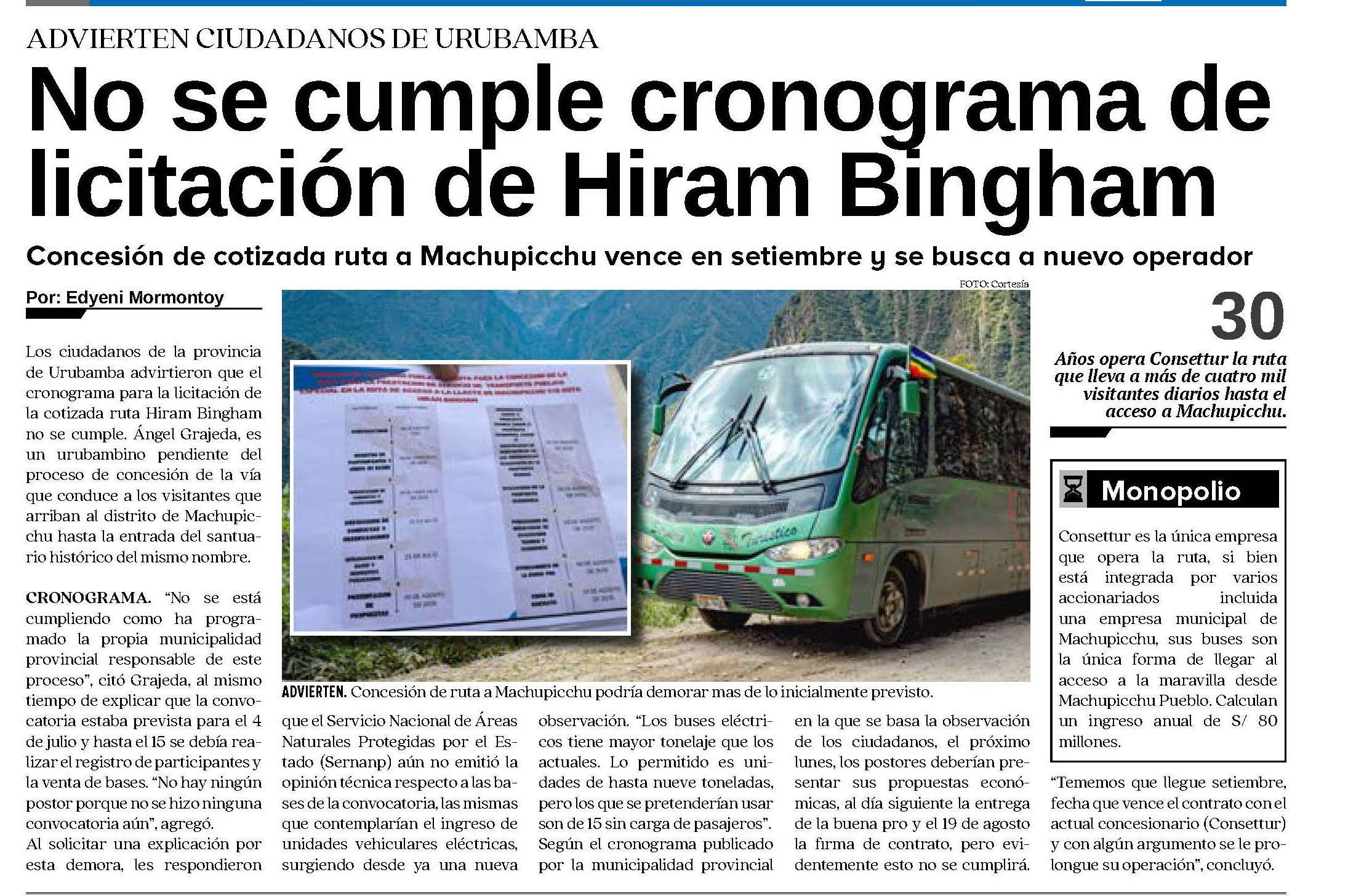 NO SE CUMPLE CRONOGRAMA DE LICITACIÓN DE HIRAM BINGHAM