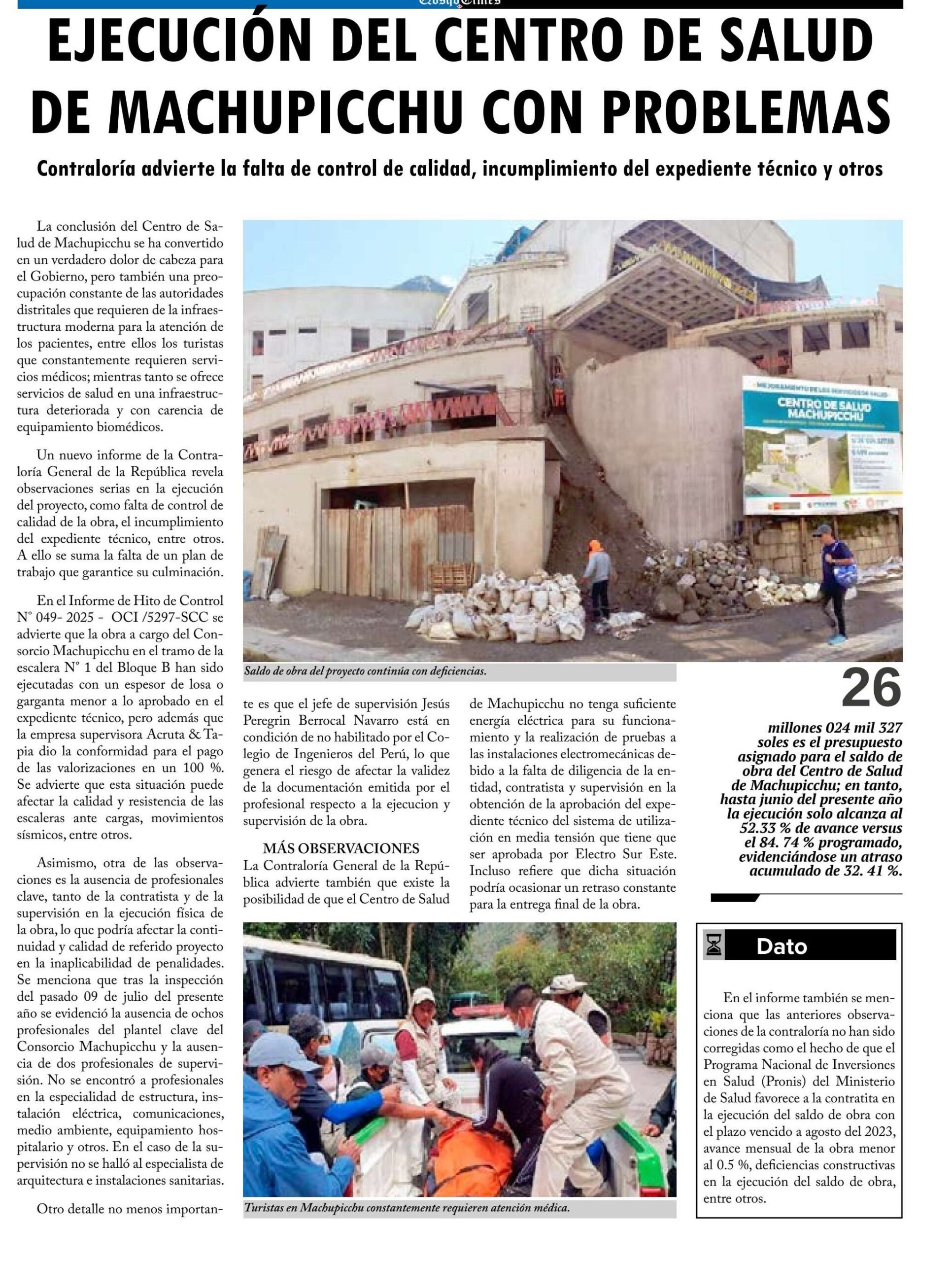 EJECUCIÓN DEL CENTRO DE SALUD DE MACHUPICCHU CON PROBLEMAS