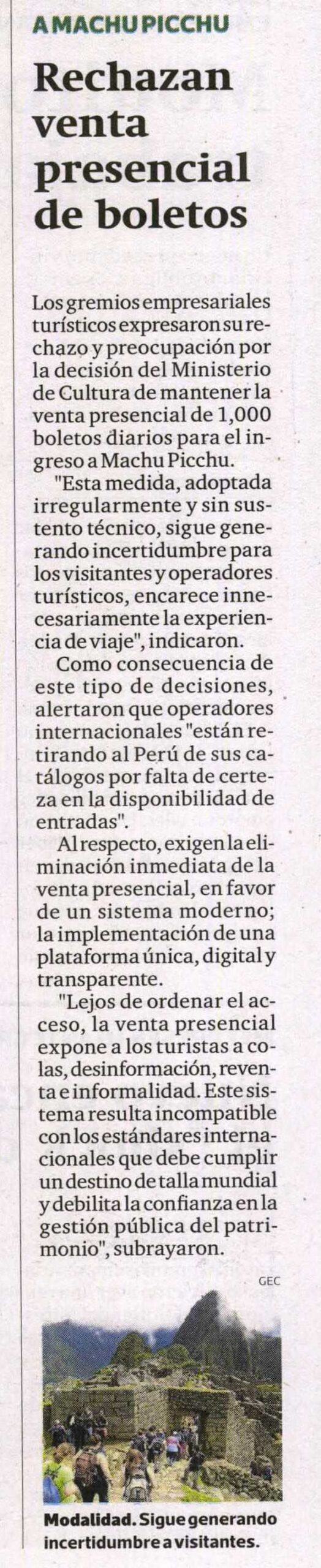 GREMIOS PIDEN ELIMINAR VENTA PRESENCIAL DE BOLETOS PARA MACHUPICCHU