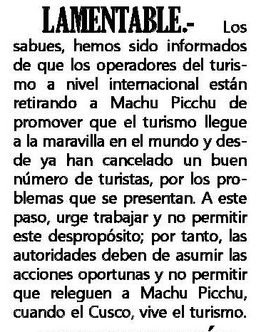 TOUR OPERADORES INTERNACIONALES RETIRAN AL PERÚ DE SUS CATÁLOGOS
