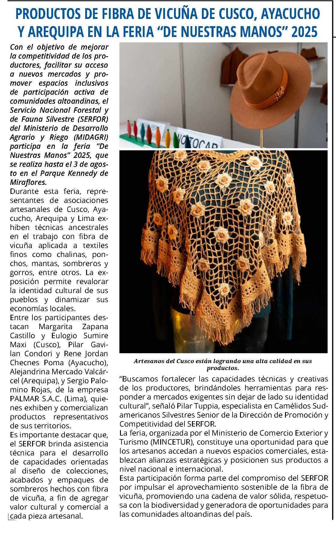 PRODUCTOS DE FIBRA DE VICUÑA DE CUSCO, AYACUCHO Y AREQUIPA EN LA FERIA “DE NUESTRAS MANOS” 2025