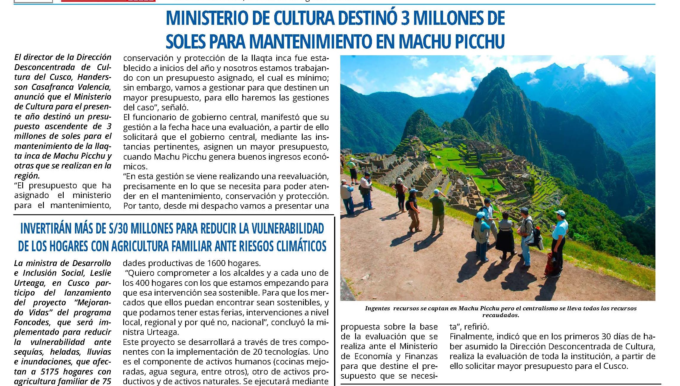 MINISTERIO DE CULTURA DESTINÓ 3 MILLONES DE SOLES PARA MANTENIMIENTO EN MACHU PICCHU