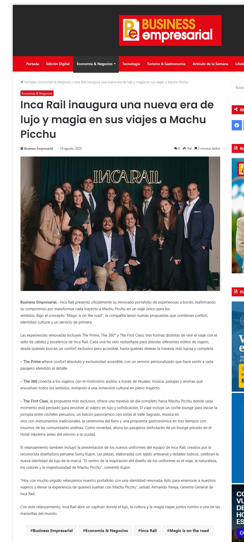 INCA RAIL INAUGURA UNA NUEVA ERA DE LUJO Y MAGIA EN SUS VIAJES A MACHU PICCHU