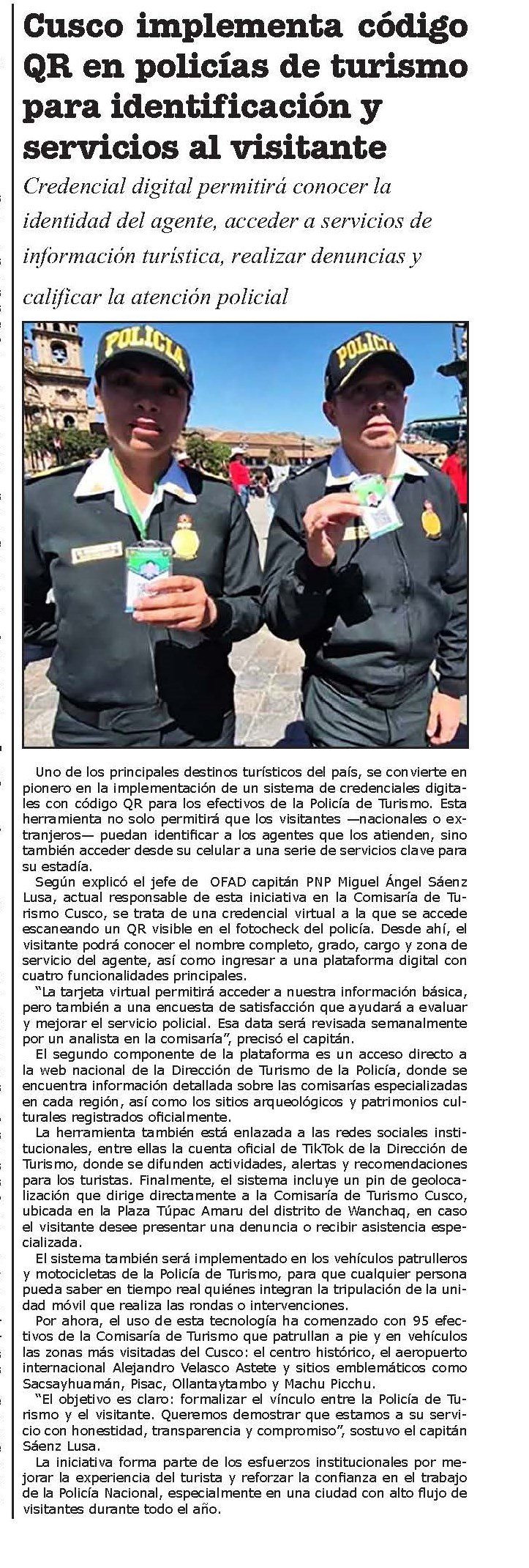 CUSCO IMPLEMENTA CÓDIGO QR EN POLICÍAS DE TURISMO