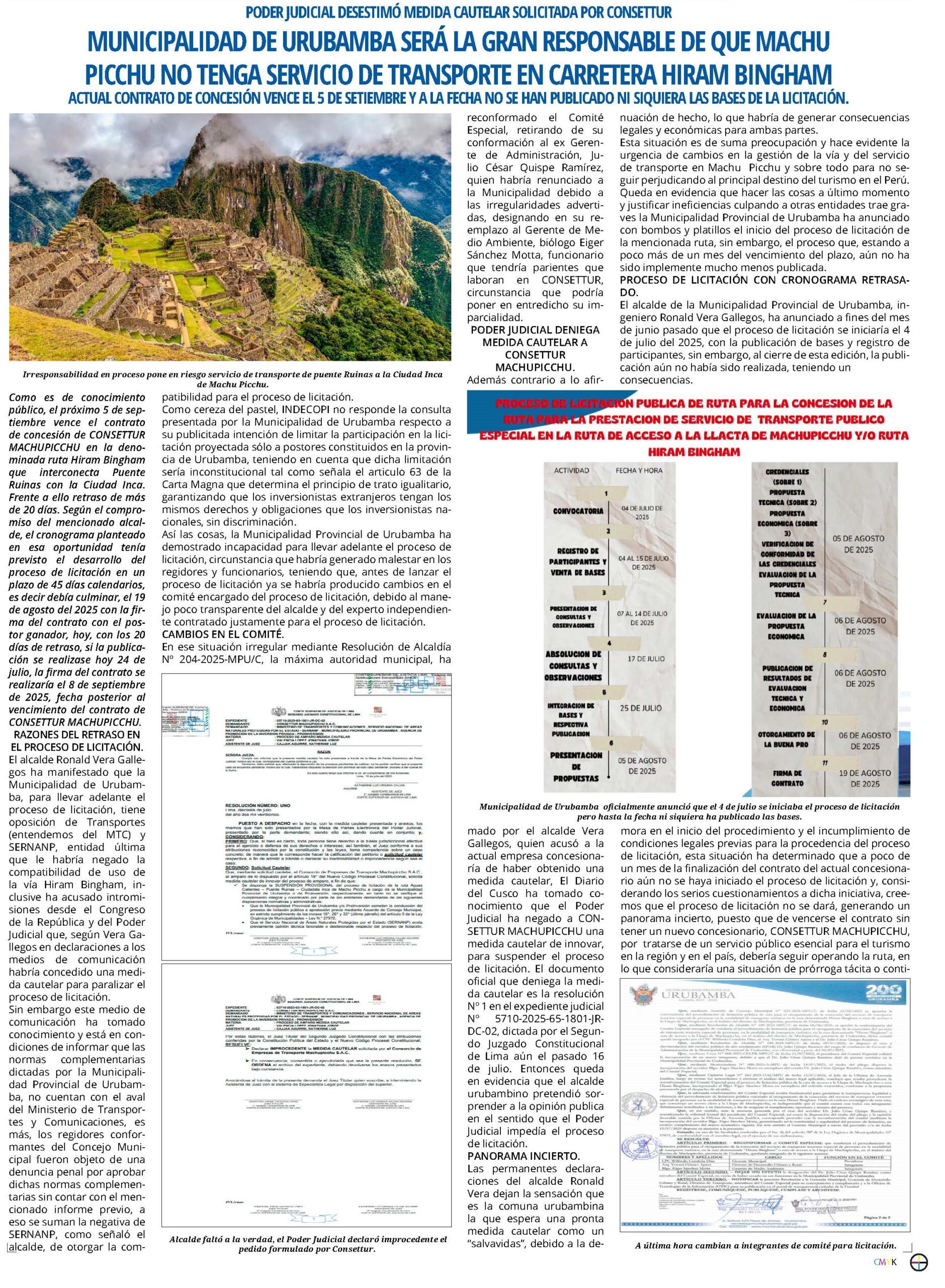 MACHUPICCHU NO CONTARÍA CON SERVICIO DE TRANSPORTE EN CARRETERA HIRAM BINGHAM
