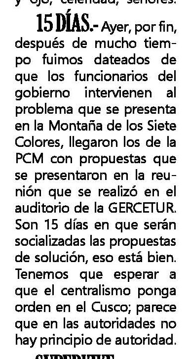 PROPONEN CREAR EMPRESA COMUNAL PARA GESTIÓN DE LA MONTAÑA DE SIETE COLORES