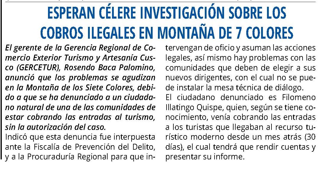ESPERAN CÉLERE INVESTIGACIÓN SOBRE LOS COBROS ILEGALES EN MONTAÑA 7 COLORES
