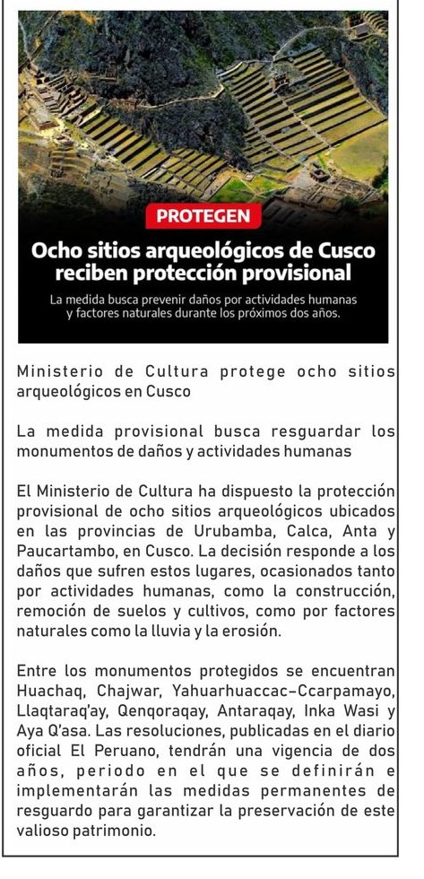 OCHO SITIOS ARQUEOLÓGICOS DE CUSCO RECIBEN PROTECCIÓN PROVISIONAL