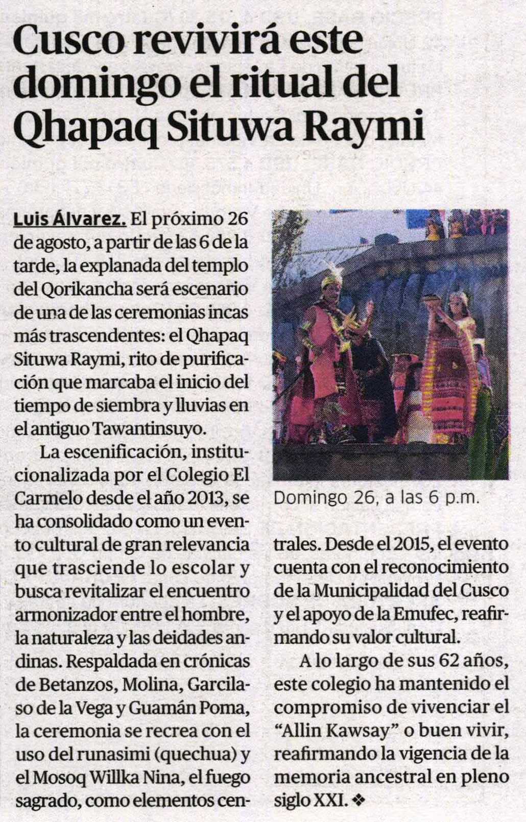 CUSCO REVIVIRÁ ESTE DOMINGO EL RITUAL DEL QHAPAQ SITUWA RAYMI
