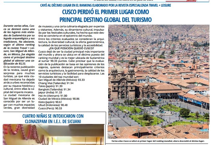 CUSCO PERDIÓ EL PRIMER LUGAR COMO PRINCIPAL DESTINO GLOBAL DEL TURISMO