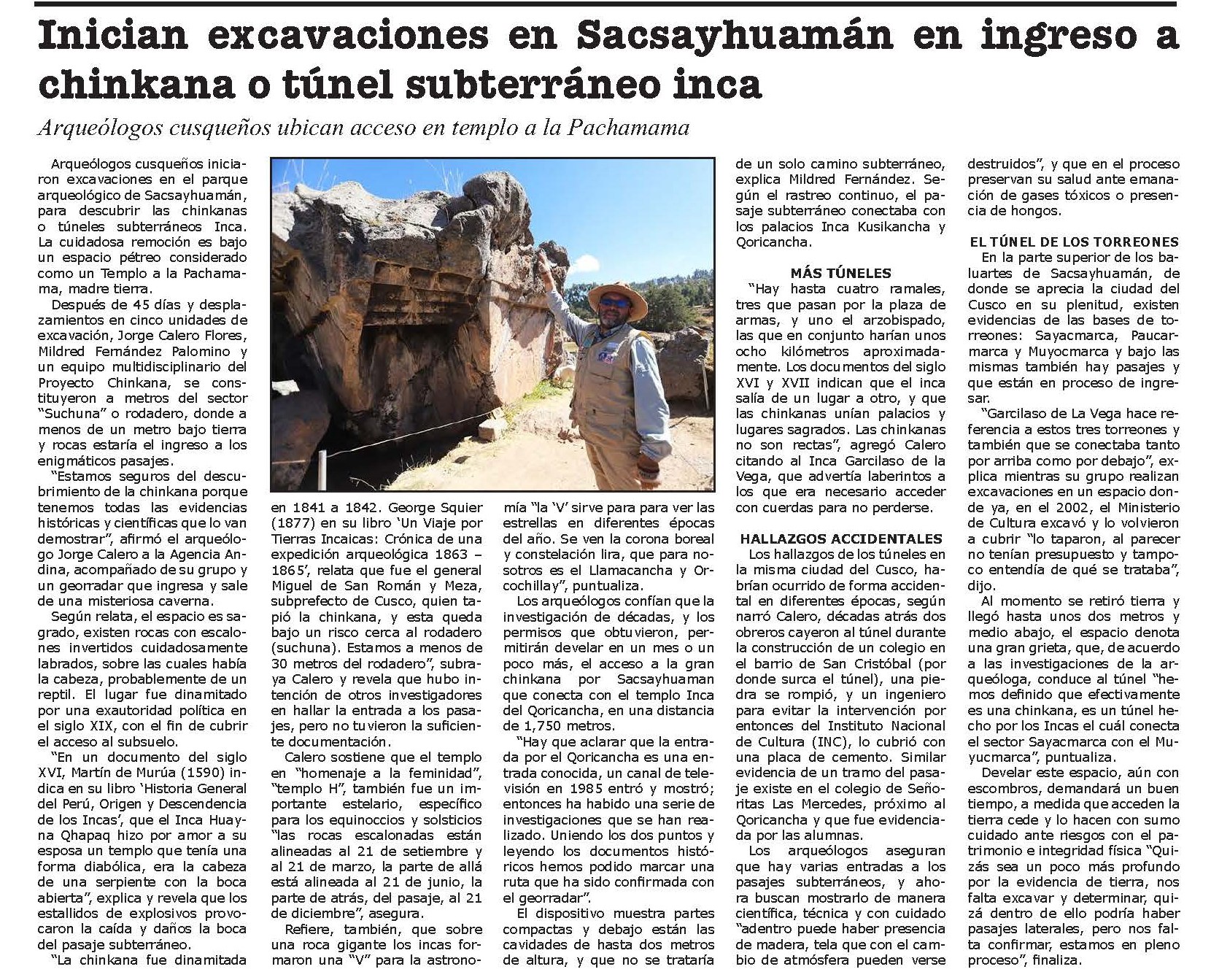 INICIAN EXCAVACIONES EN SACSAYHUAMÁN EN INGRESO A CHINKANA O TÚNEL INCA