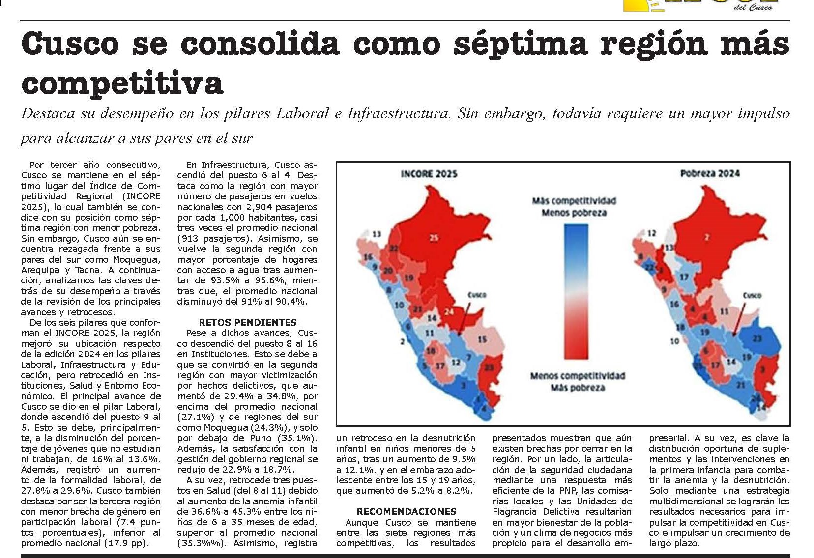 CUSCO SE CONSOLIDA COMO SÉPTIMA REGIÓN MÁS COMPETITIVA