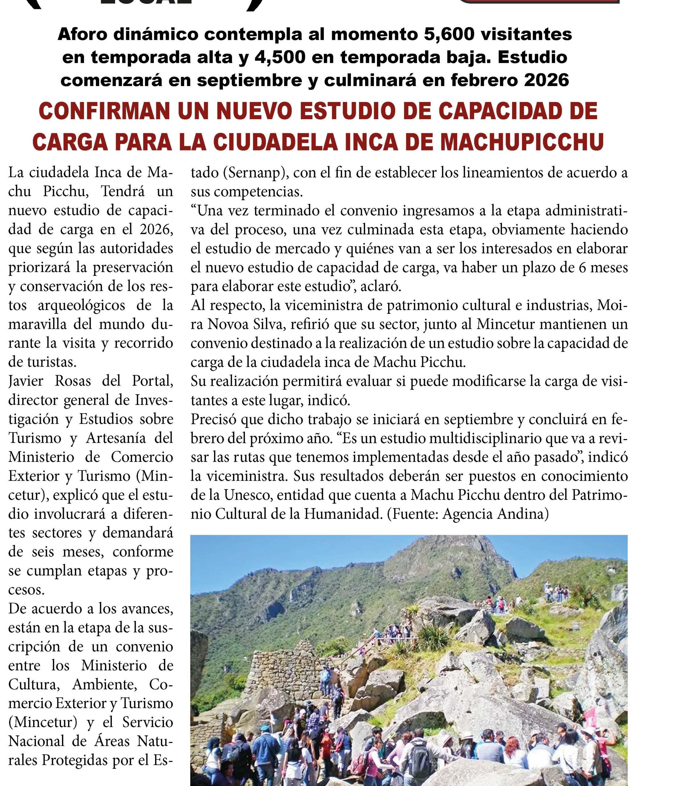 CONFIRMAN UN NUEVO ESTUDIO DE CAPACIDAD DE CARGA PARA LA CIUDADELA INCA DE MACHUPICCHU