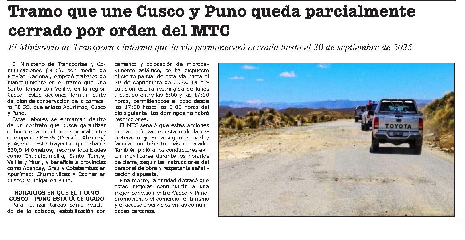 MTC REFUERZA CONECTIVIDAD ENTRE CUSCO Y PUNO