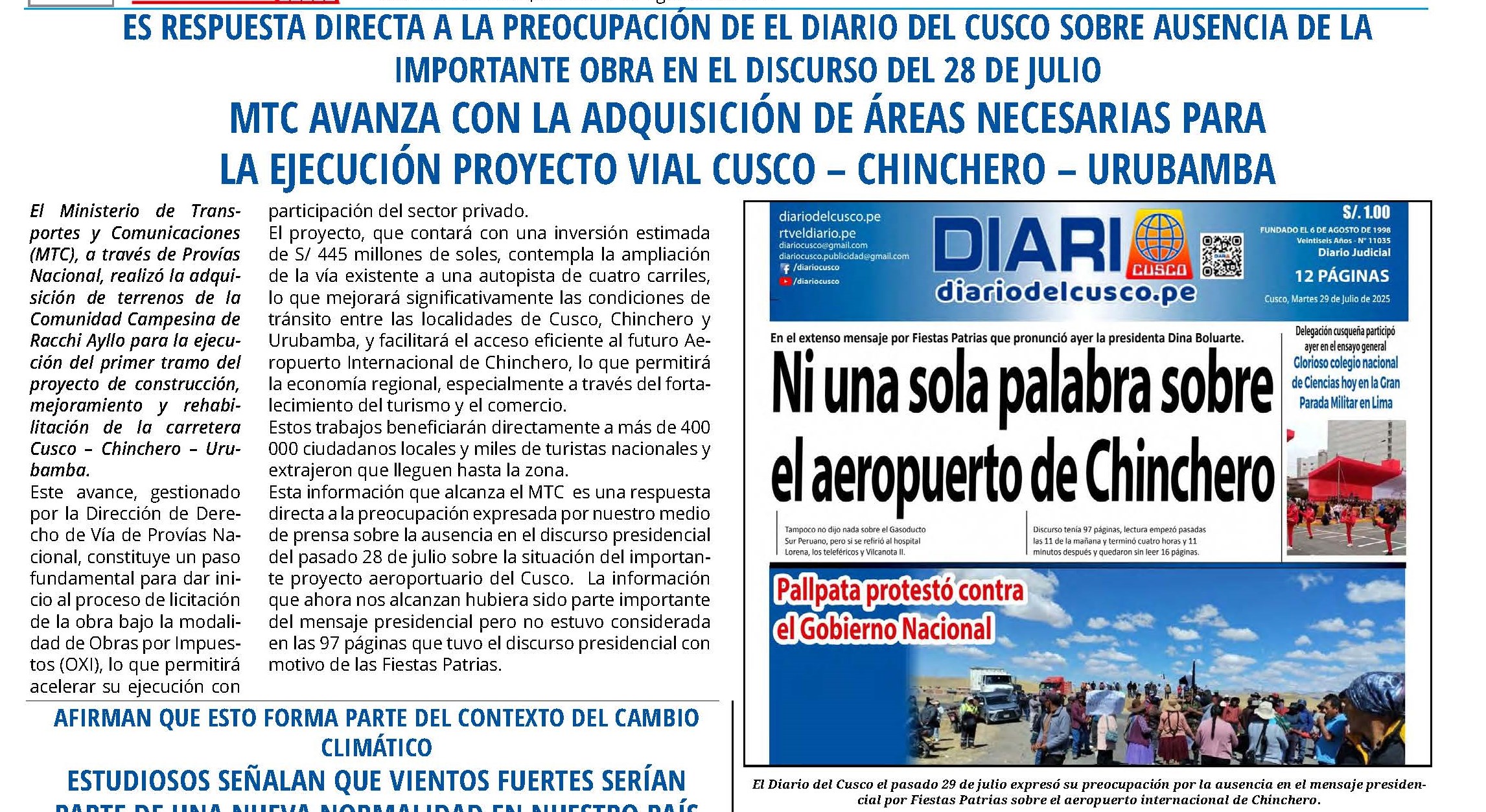 MTC AVANZA ADQUISICIÓN DE ÁREAS PARA EJECUCIÓN PROYECTO VIAL CUSCO- CHINCHERO- URUBAMBA