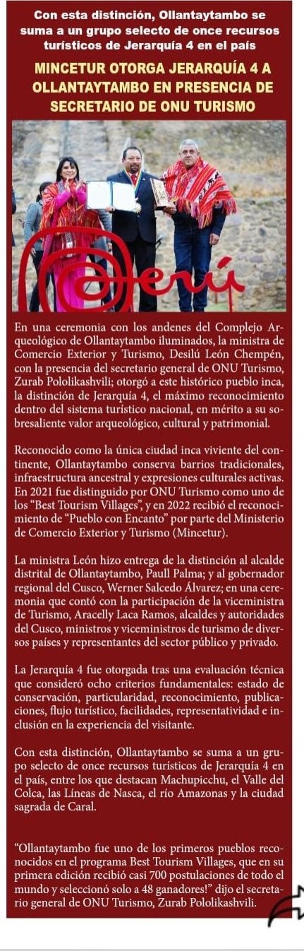 OLLANTAYTAMBO SE CONSAGRA COMO JOYA TURÍSTICA DEL PERÚ ANTE LA ONU