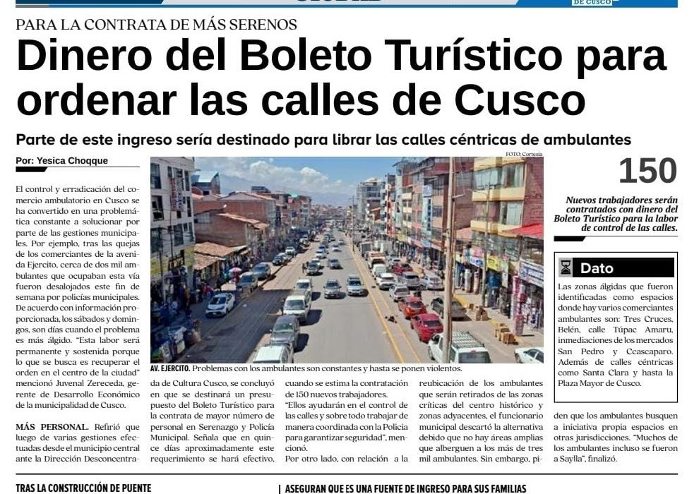BOLETO TURÍSTICO PARA ORDENAR LAS CALLES DE CUSCO