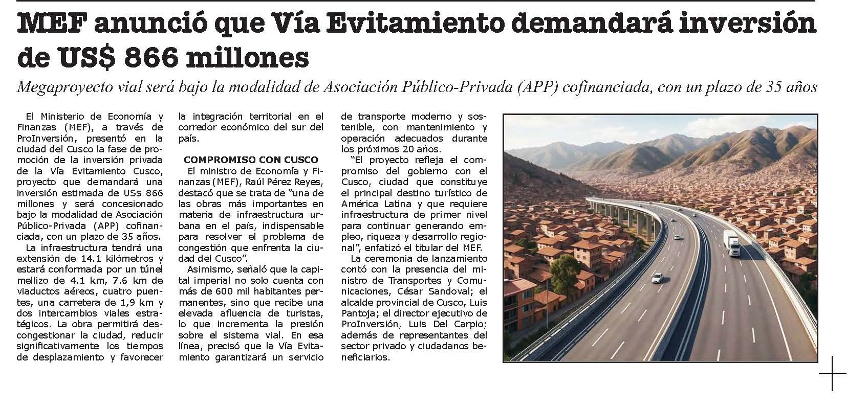 MEF ANUNCIÓ QUE VÍA EVITAMIENTO DEMANDARÁ INVERSIÓN DE USD 866 MILLONES