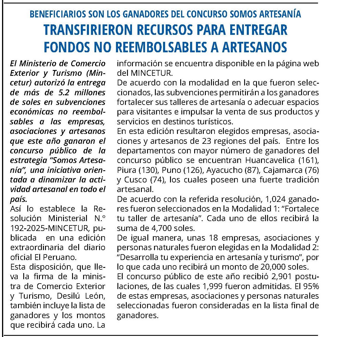TRANSFIRIERON RECURSOS PARA ENTREGAR FONDOS NO REEMBOLSABLES A ARTESANOS