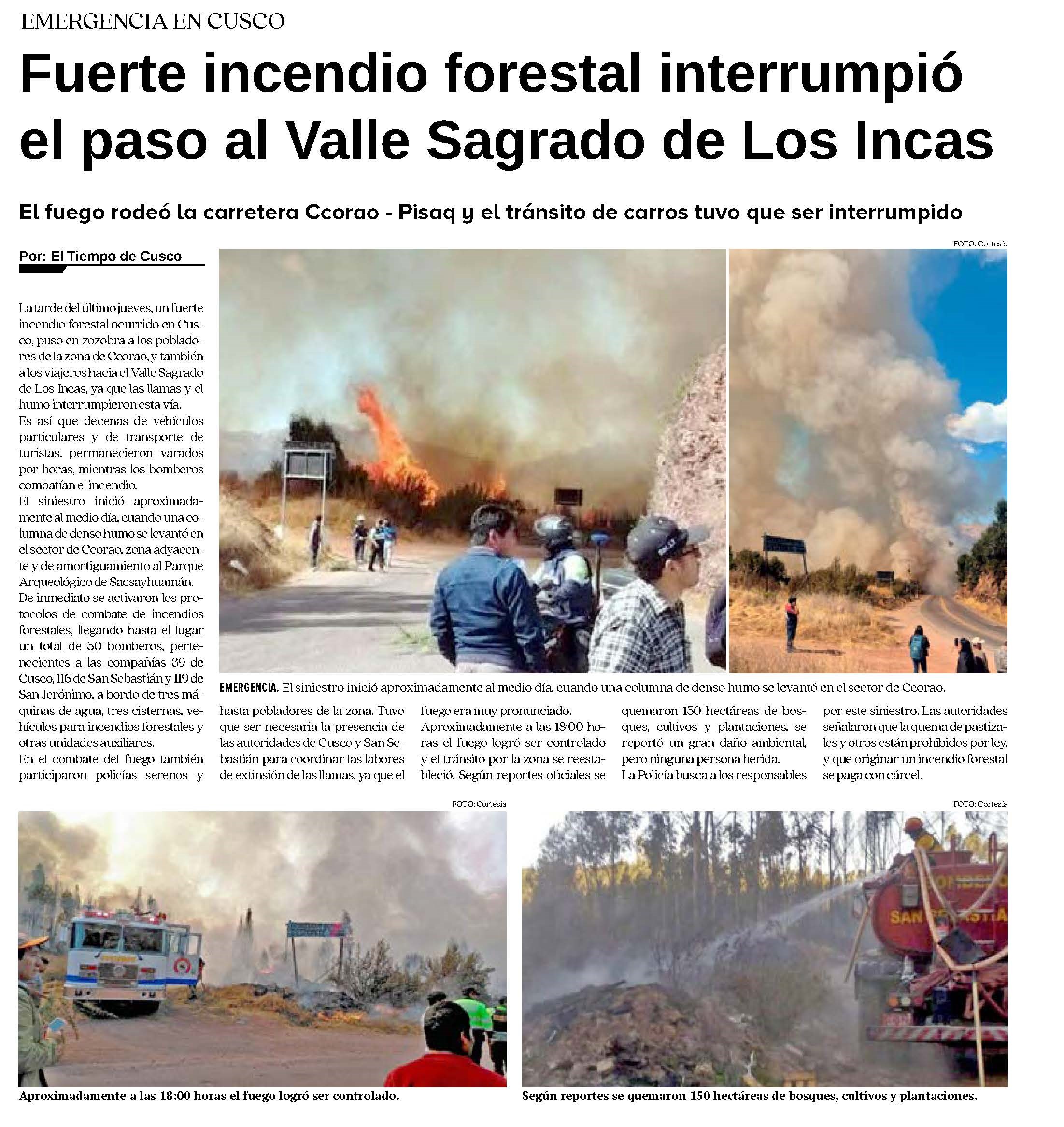INCENDIO FORESTAL INTERRUMPIÓ EL PASO AL VALLE SAGRADO DE LOS INCAS