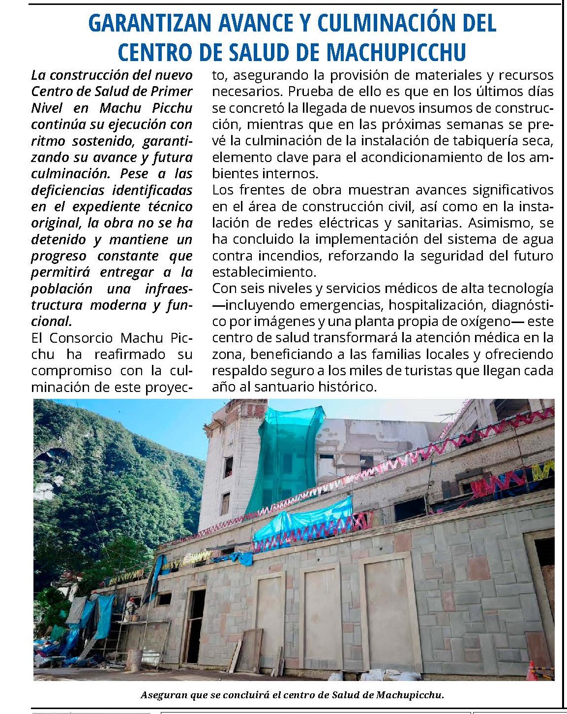 GARANTIZAN AVANCE Y CULMINACIÓN DEL CENTRO DE SALUD DE MACHUPICCHU