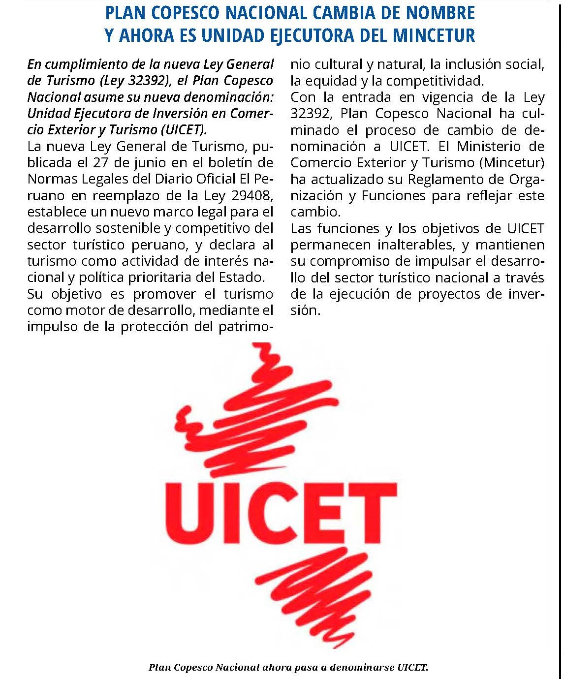 PLAN COPESCO NACIONAL CAMBIA DE NOMBRE Y AHORA ES UNIDAD EJECUTORA DEL MINCETUR