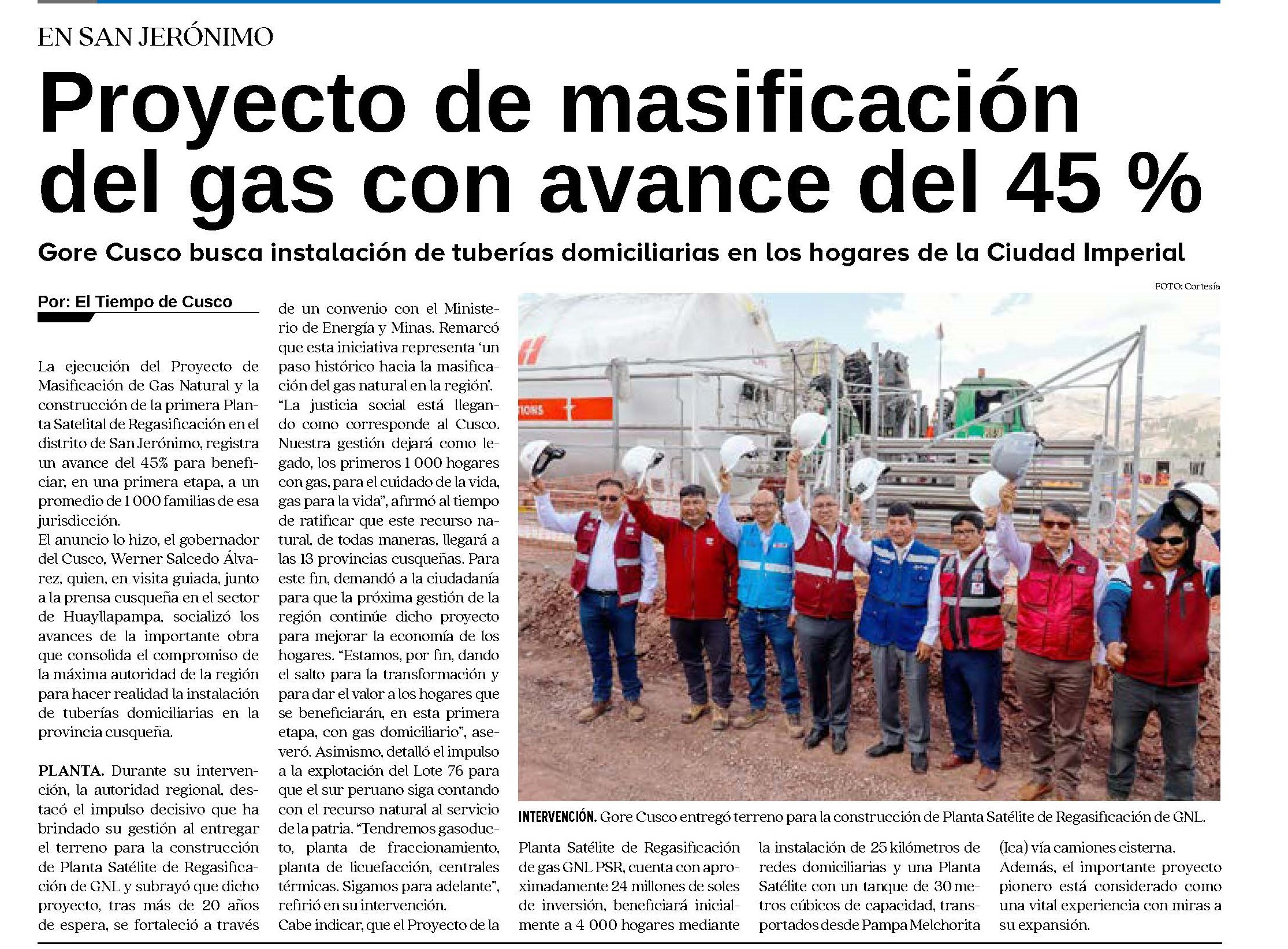 PROYECTO DE MASIFICACIÓN DEL GAS NATURAL EN SAN JERÓNIMO REGISTRA AVANCE DEL 45%