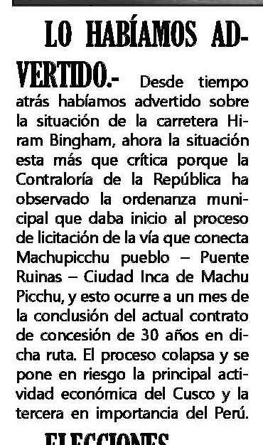 ANUNCIAN CESE DE OPERACIONES DE CONSETTUR EN MACHUPICCHU