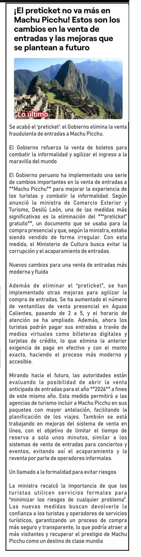 ALERTAN SOBRE RIESGOS DE AUMENTAR BOLETOS PARA MACHU PICCHU