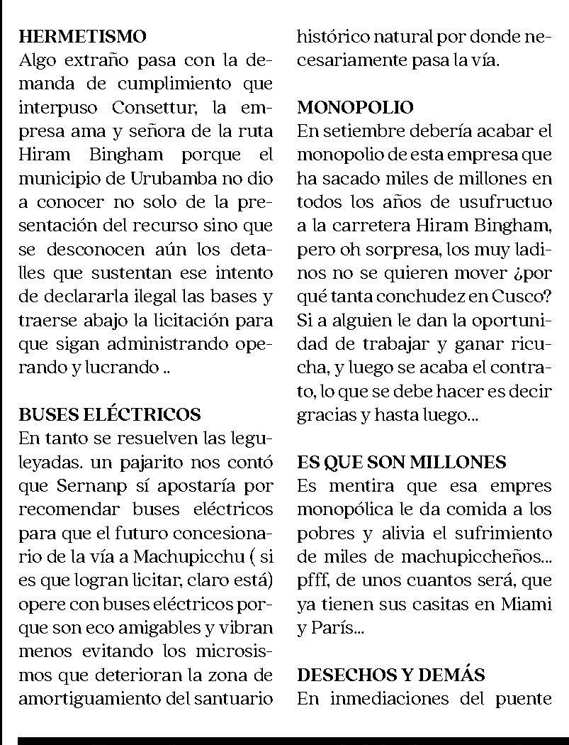 CONTROVERSIA SOBRE PROCESO DE LICITACIÓN DE HIRAM BINGHAM