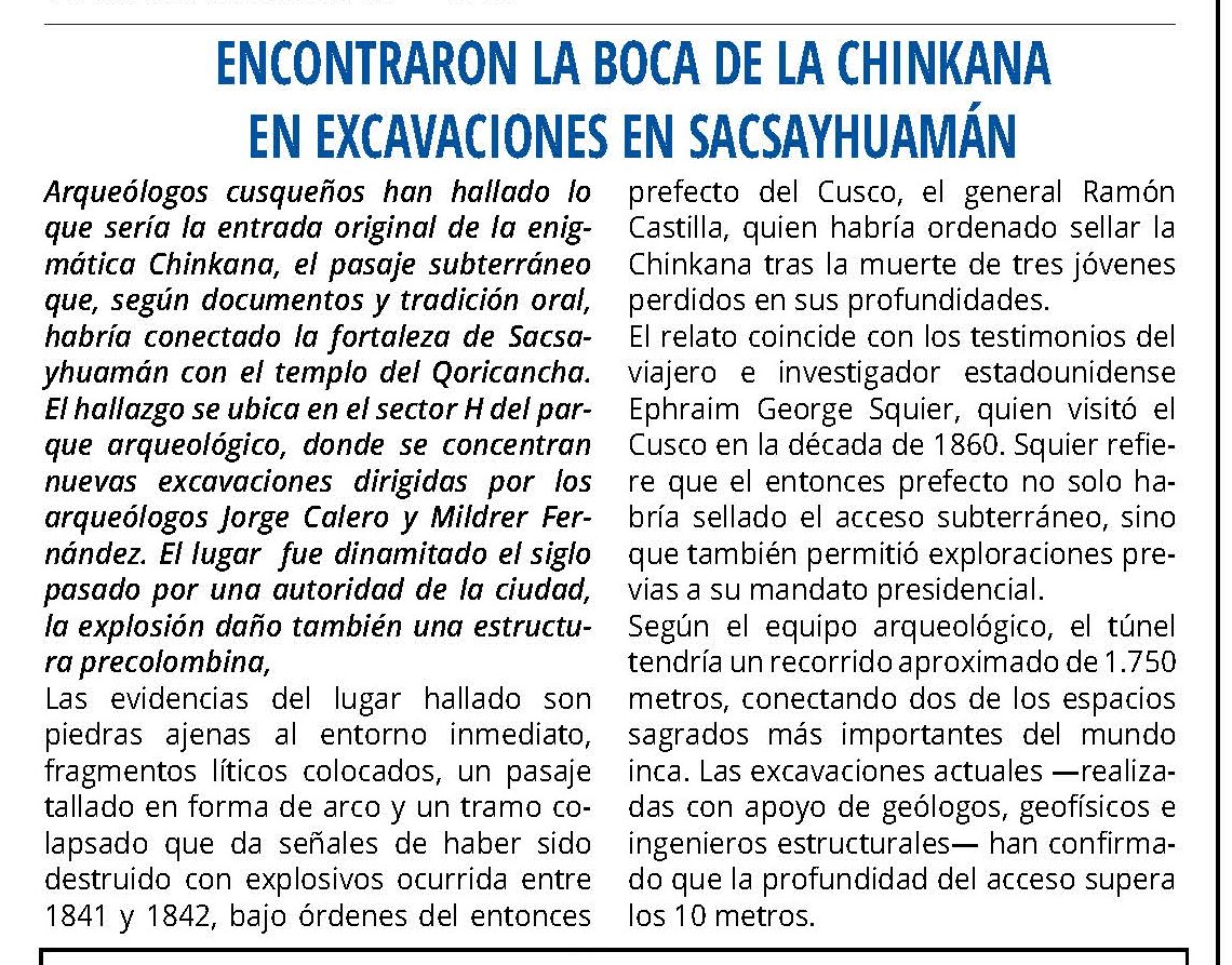 ENCUENTRAN ENTRADA DE LA CHINKANA EN EXCAVACIONES EN SACSAYHUAMÁN