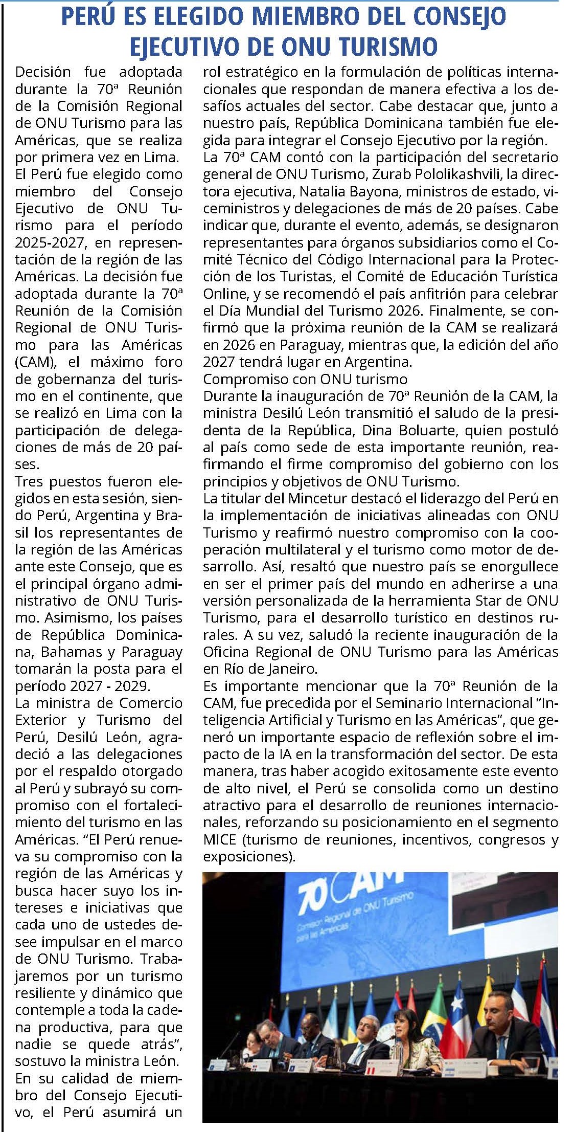 PERÚ ES ELEGIDO MIEMBRO DE ONU TURISMO