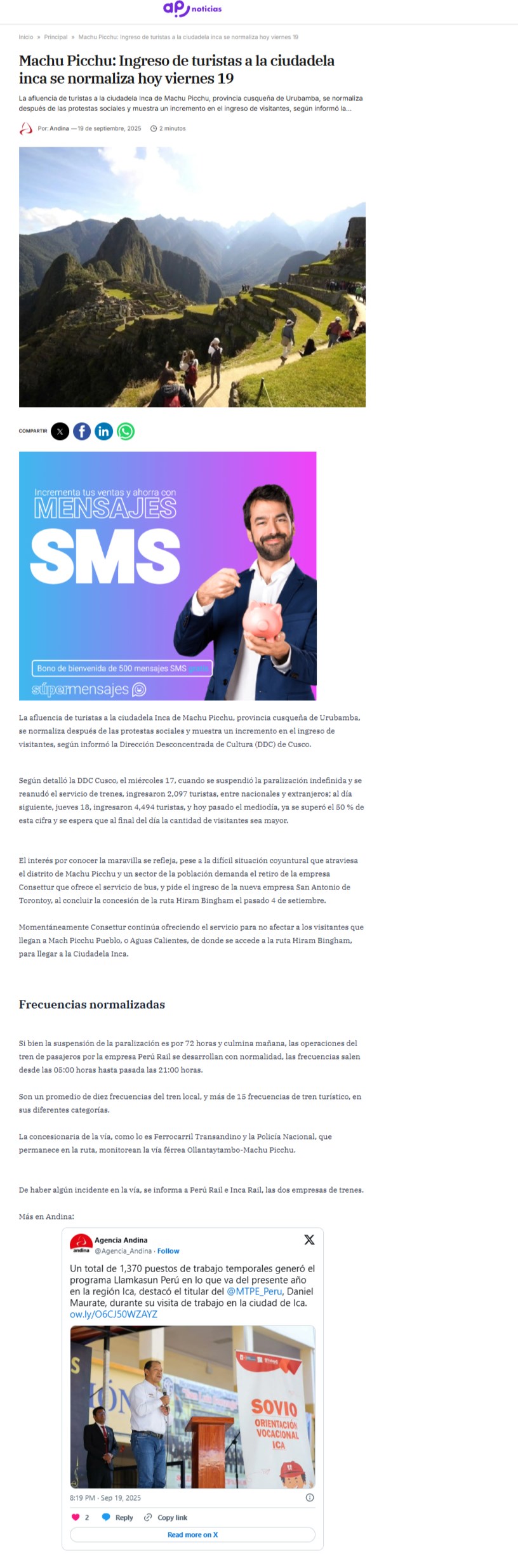 MACHU PICCHU: INGRESO DE TURISTAS A LA CIUDADELA INCA SE NORMALIZA EL VIERNES 19