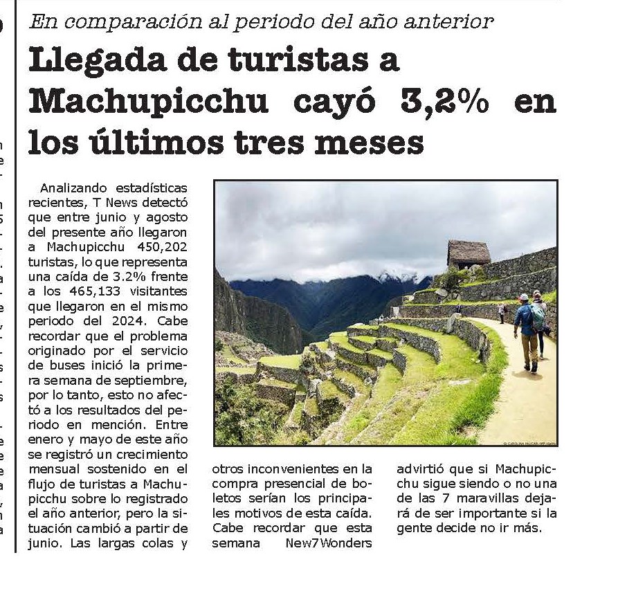 LLEGADA DE TURISTAS A MACHUPICCHU CAYÓ 3,2 % EN LOS ÚLTIMOS TRES MESES