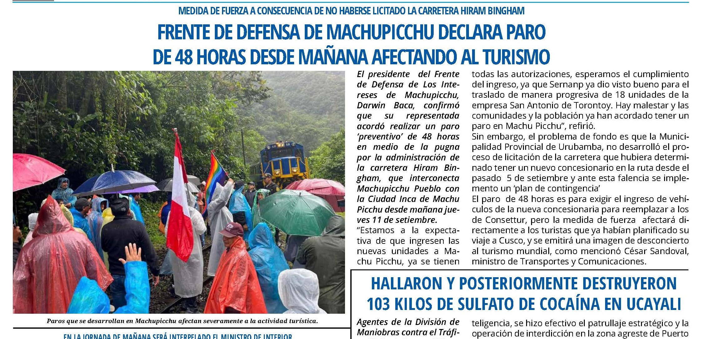 CONVOCAN PARO CONTRA PERÚ RAIL Y CONSETTUR POR CONTROL DE LA RUTA A MACHUPICCHU