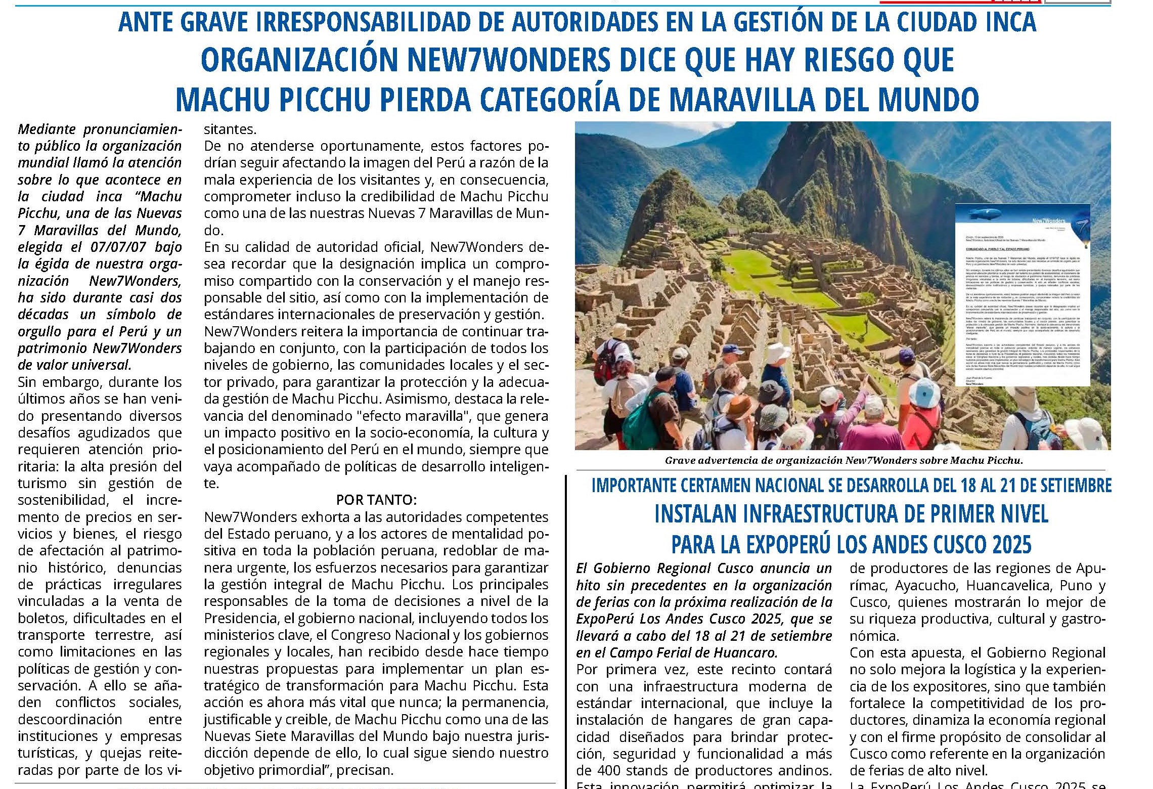 MACHU PICCHU PODRÍA PERDER EL TÍTULO DE MARAVILLA DEL MUNDO