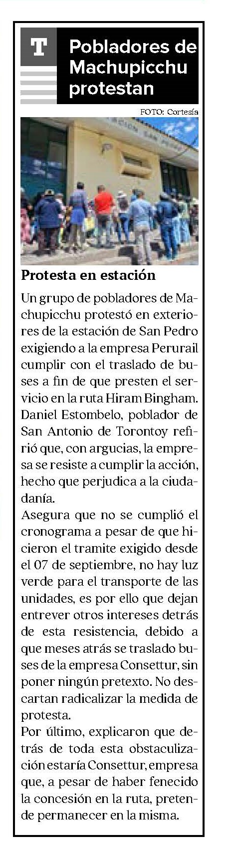 PROTESTAS CONTRA PERURAIL POR TRANSPORTE DE BUSES HACIA MACHU PICCHU