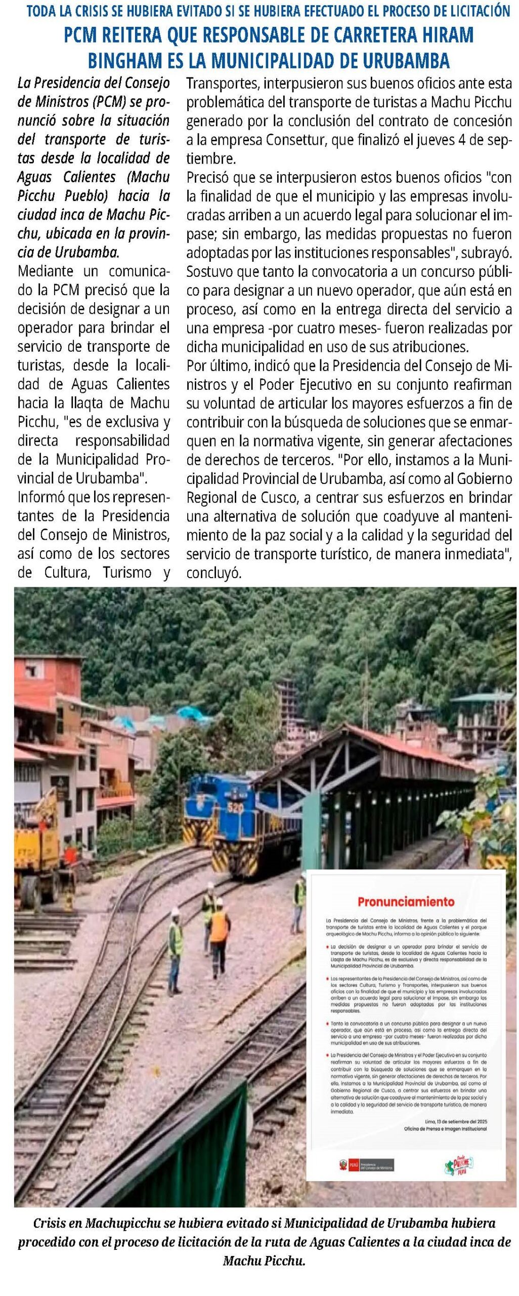 RESPONSABILIZAN A LA MUNICIPALIDAD DE URUBAMBA POR CRISIS EN MAPI