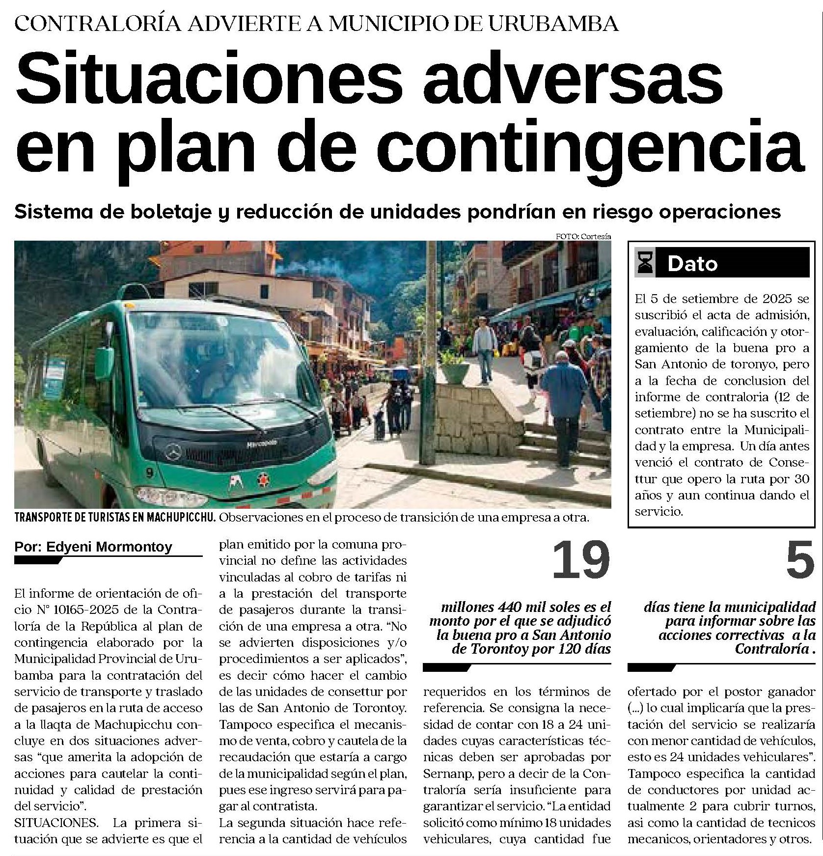 CONTRALORÍA OBSERVA PLAN DE CONTINGENCIA DE LA MUNICIPALIDAD DE URUBAMBA