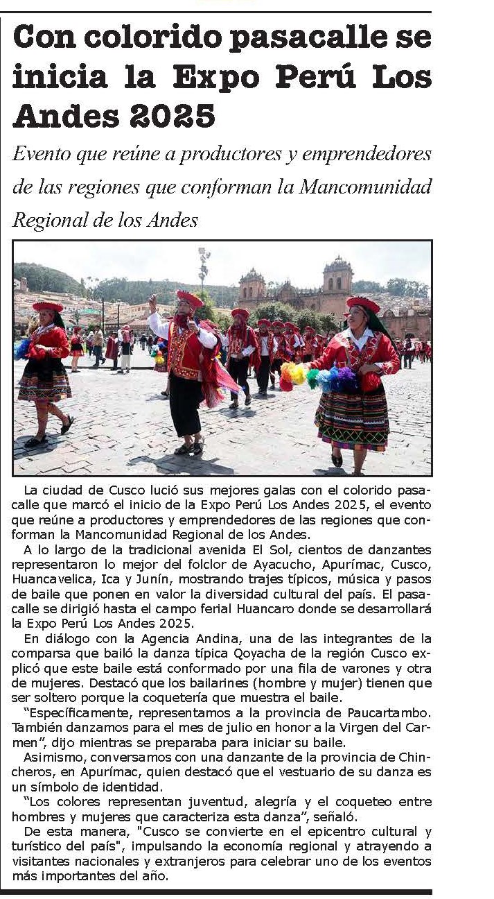 CUSCO, VITRINA DEL DESARROLLO ANDINO EN EXPO PERÚ LOS ANDES 2025